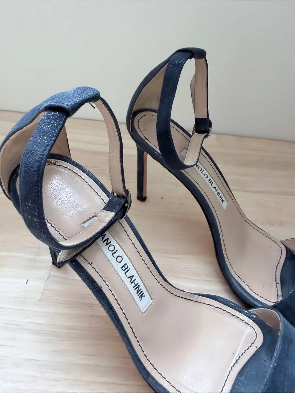 Manolo Blahnik Metallic Navy Ankle Strap Sandals Heels 36.5 | Minimalist Luxury - Picture 7 of 14